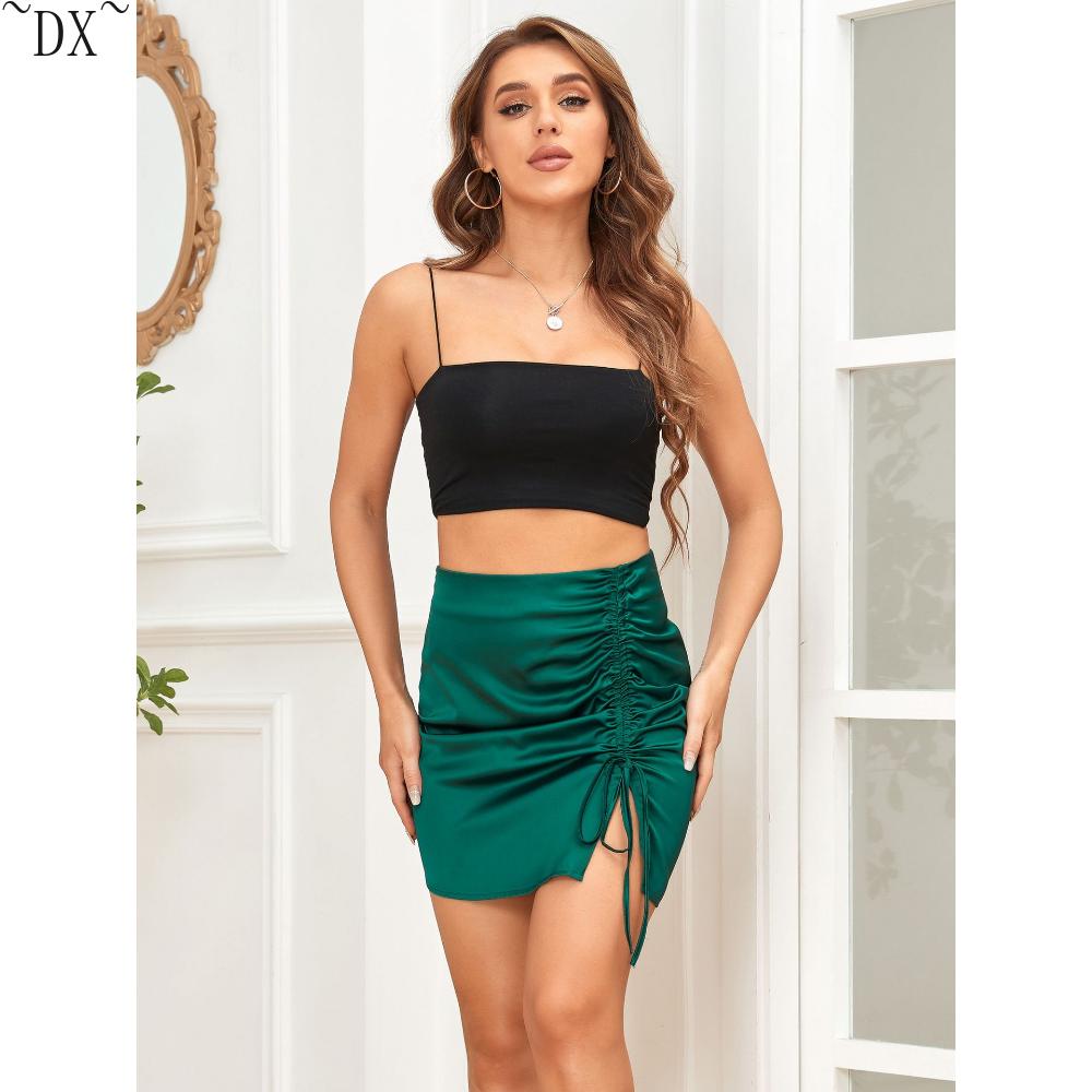 DX ~ ~ однотонная плиссированная юбка на бедрах с запахом, европейская и американская сексуальная атласная полуюбка с высокой талией на молнии, женское летнее платье