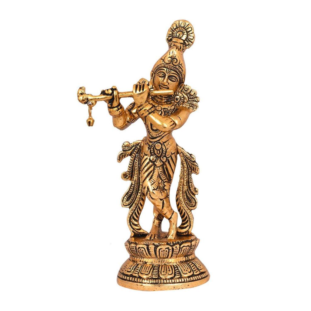 Lord Krishna Idol Statue Krishna Idols Gold Plated Flute Playing Krishan Decorative Showpiece Figurine for Pooja Room & Gift (Set of 1)