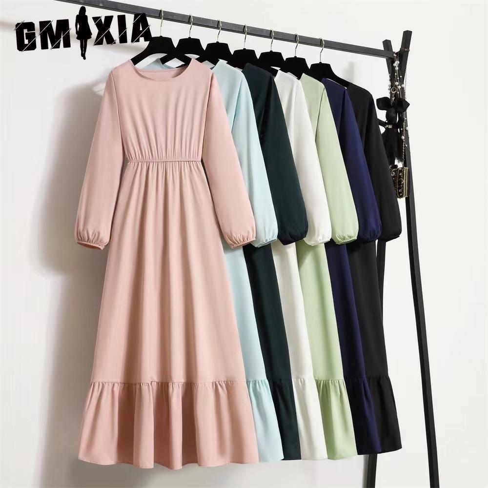 GMXIA Женская мода весна осень однотонный принт с длинным рукавом и круглым вырезом с высокой талией повседневные платья