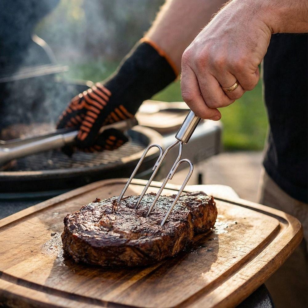 Four Needle Barbecue Fork Stainless Steel BBQ Grill Fork Grilling Tool Steak Fork  Camping