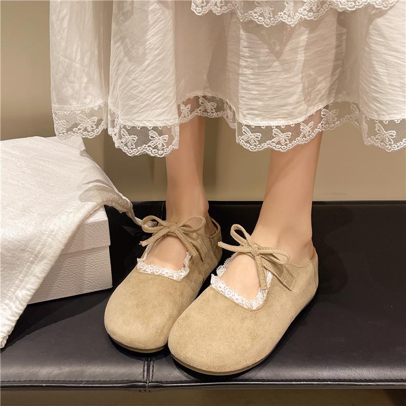 Тапочки-полушапки с бантом в стиле ретро, женская верхняя одежда, весна-лето 2025 г., плоские тапочки с одной педалью на толстой подошве