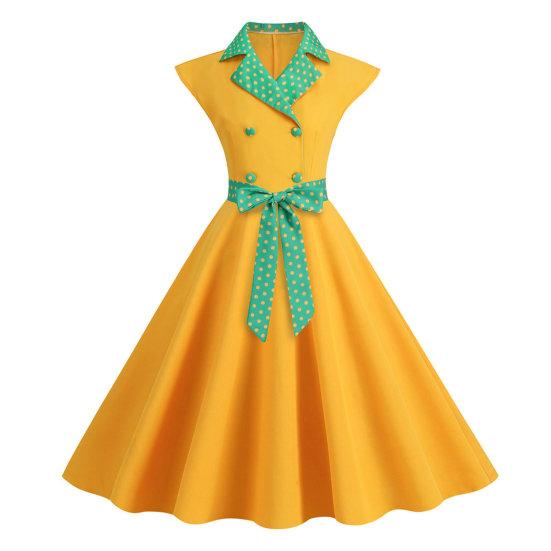 Элегантное женское платье с воротником в горошек и бантом на талии. Милый стиль, повседневное вечернее платье без рукавов с узкой талией. Тонкое женское платье средней длины.