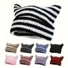 New Cute Cat Ear Beanie Hat for Women Winter Striped Little Devil Beanies Punk Wool Knitted Streetwear Handmade Crochet Skullies