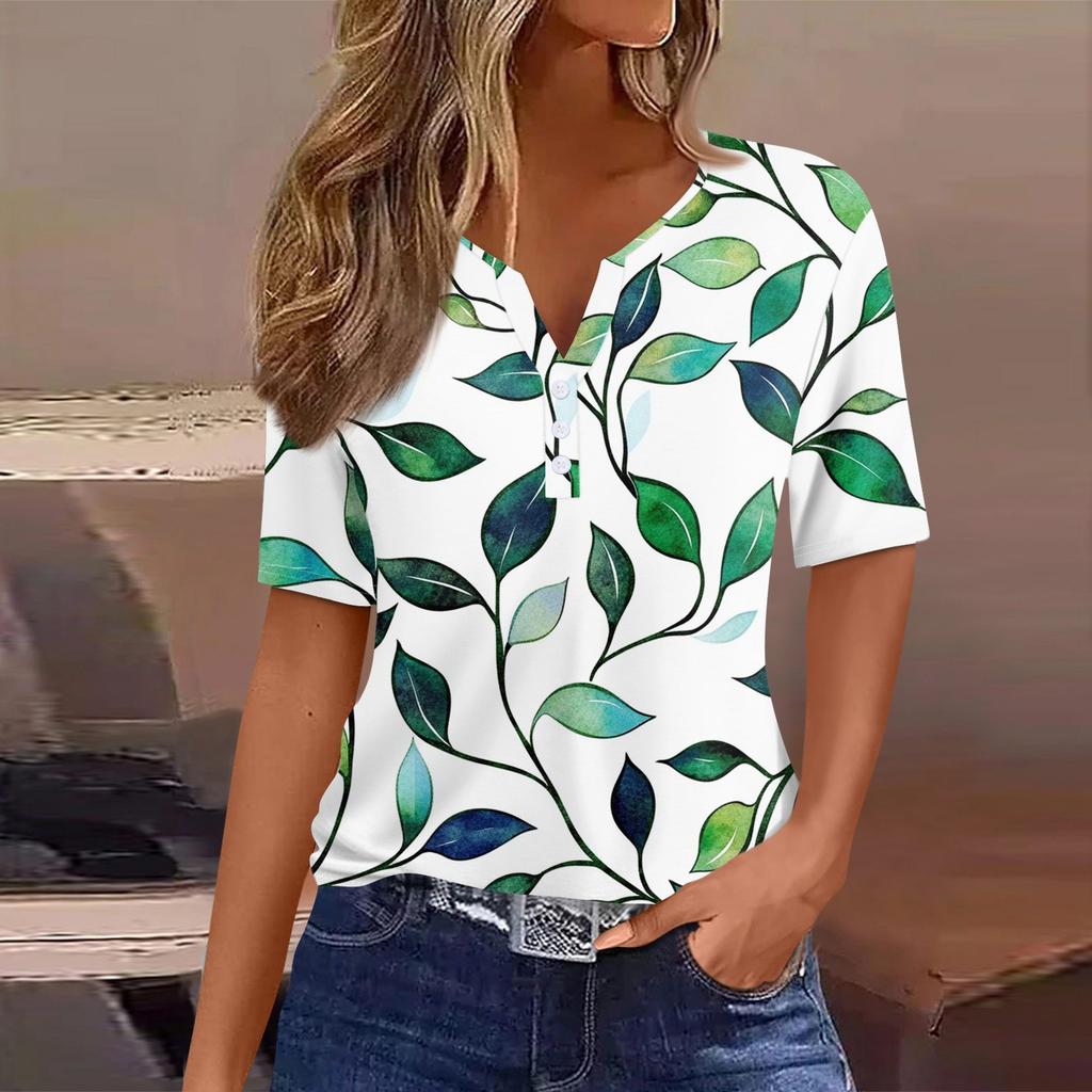 Женская повседневная футболка с коротким рукавом и V-образным вырезом, декоративная отделка пуговицами