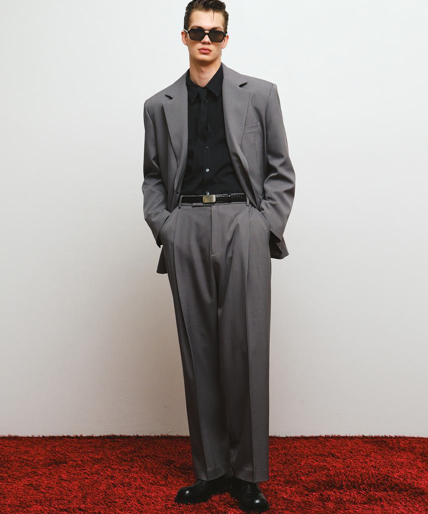 NOIRER 80S Classic One-Pleat Wide Slacks (Gray)