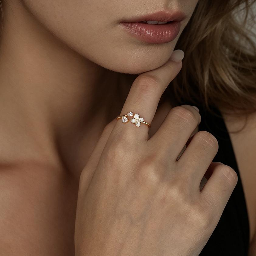 925 Sterling Silver Ring White Flower Shape Adjustable Open Gold Plated Zircon Knuckle Finger Rings Fashion Jewelry for Women
