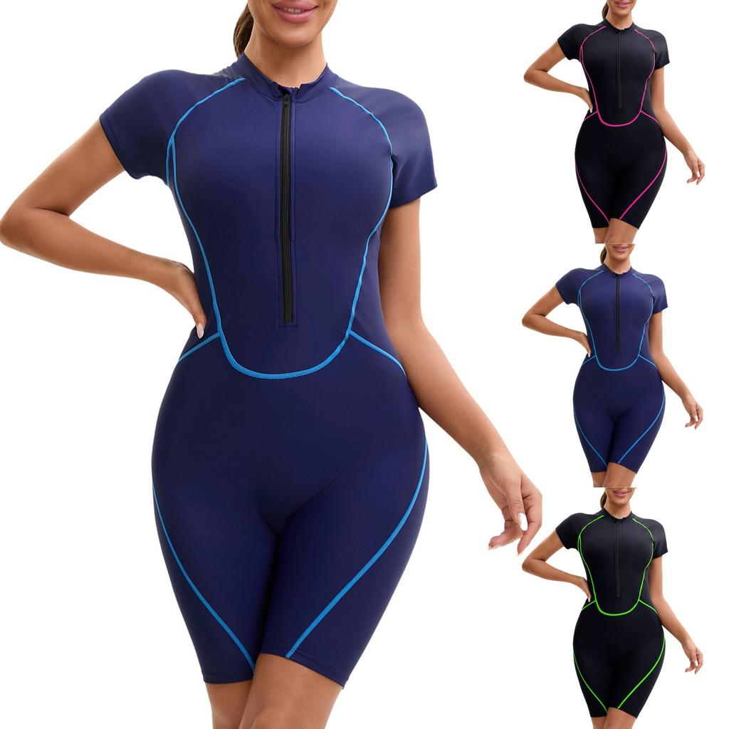 Женский слитный купальник с короткими рукавами на молнии и плоским углом, женские плавки с тремя точками и подкладкой для груди
