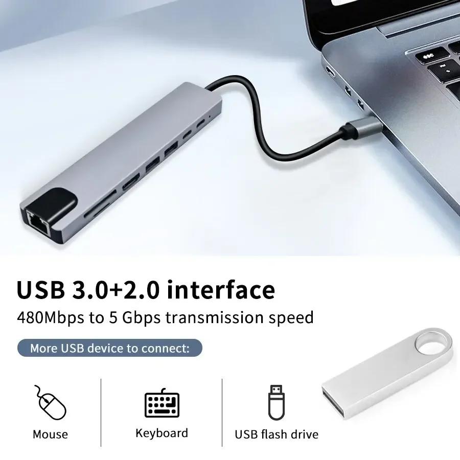 USB-C хаб 8 в 1 Type C 3.1 к 4K HDMI адаптер с RJ45, кард-ридером SD/TF, док-станция PD для компьютера, MacBook, ноутбука