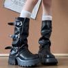 Женские ботфорты до колена в панк-стиле, обувь на квадратном высоком каблуке, женские ботильоны с ремешком и пряжкой, осень-зима, Zapatos De Mujer