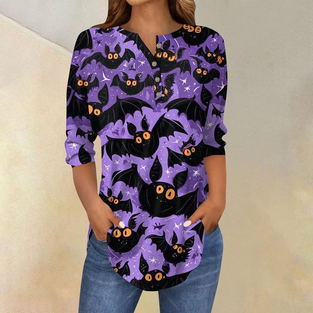 Женская модная свободная футболка с пуговицами на воротнике, с принтом на Хэллоуин, с длинным рукавом, топ, пуловер