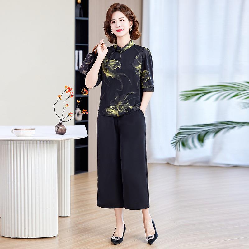 Новый шифоновый костюм мамы 2025: Комплект из двух вещей в китайском стиле, омолаживающий, для женщин среднего и пожилого возраста