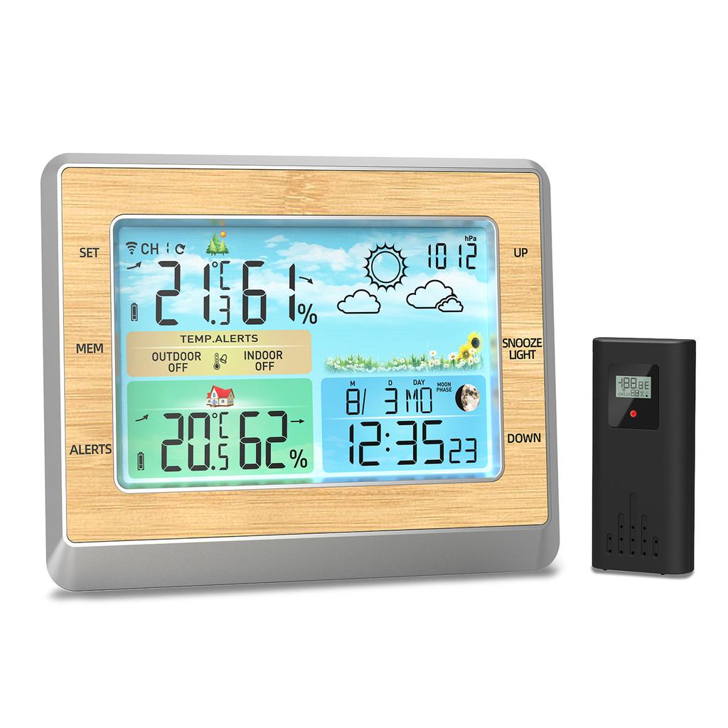Weather Station Wireless Indoor Outdoor Thermometer 6 Inch Color LED Display Temperature Humidity