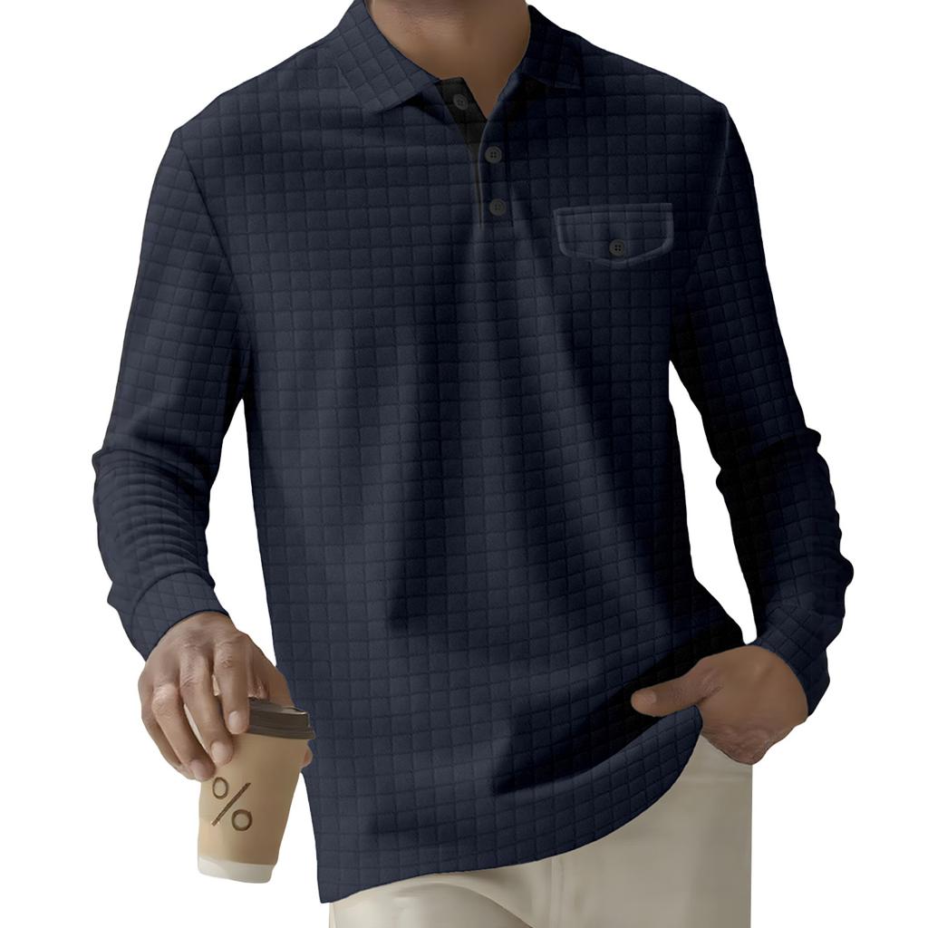 Мужской однотонный клетчатый топ с лацканами на пуговицах, карманом и длинными рукавами, мужской повседневный модный топ с длинными рукавами