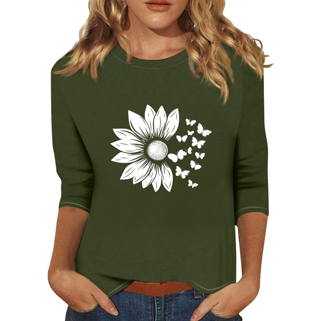 Women's Fashionable Casual Three Quarter Sleeve Printed Collar Pullover Top