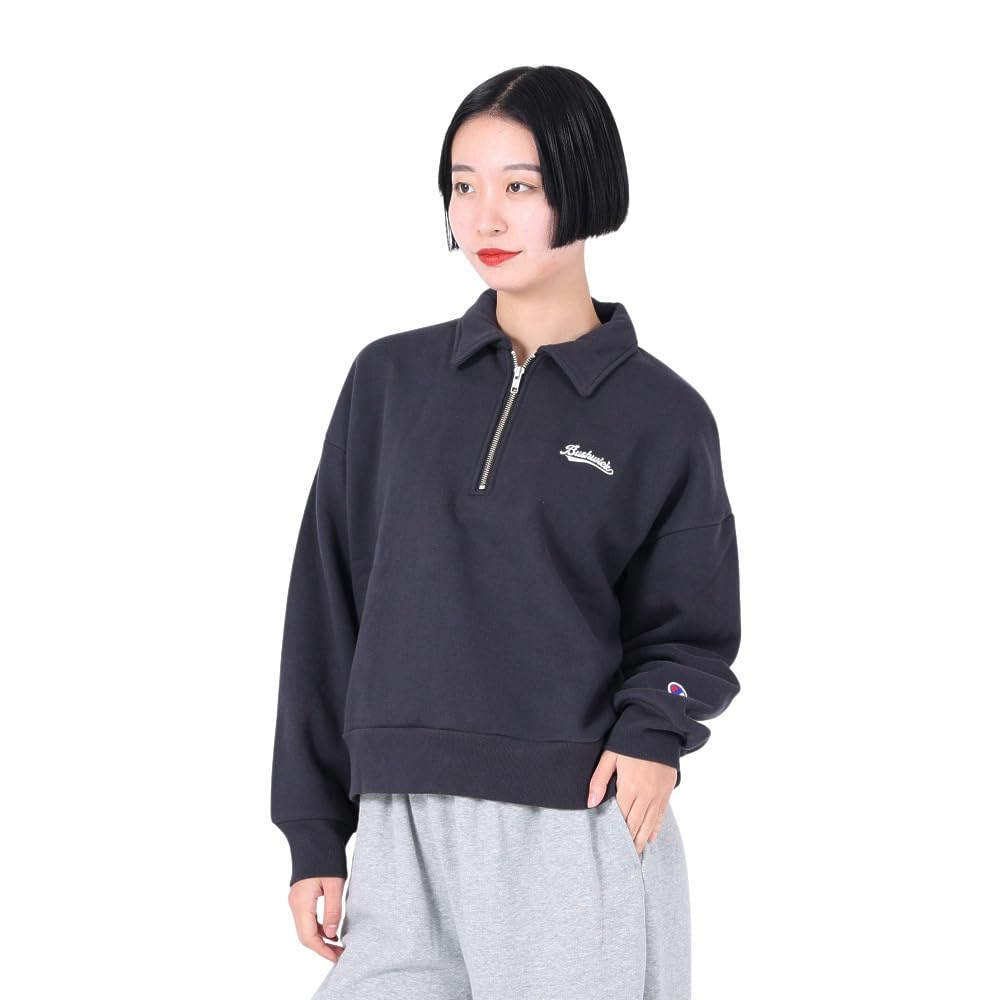 Champion Casual Long Sleeve Cotton USA Graphic Off Size L Women's Sweatshirt, 100% Print, Half-Zip, Black, (CW-Y012)