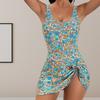 2Pcs/Set Women Summer Swimsuit Briefs Set O-neck Sleeveless Floral Print Knot Design Swimming Dress with Briefs