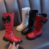 Children's Martin Boots for Autumn and Winter Girls' Western-style Bow High Boots Long Boots Medium and Large Children's Black Single Boots