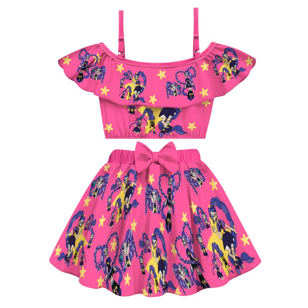 20855 Kids Girls Printed Strappy Swimsuit Swimwear Top Skirt Sets