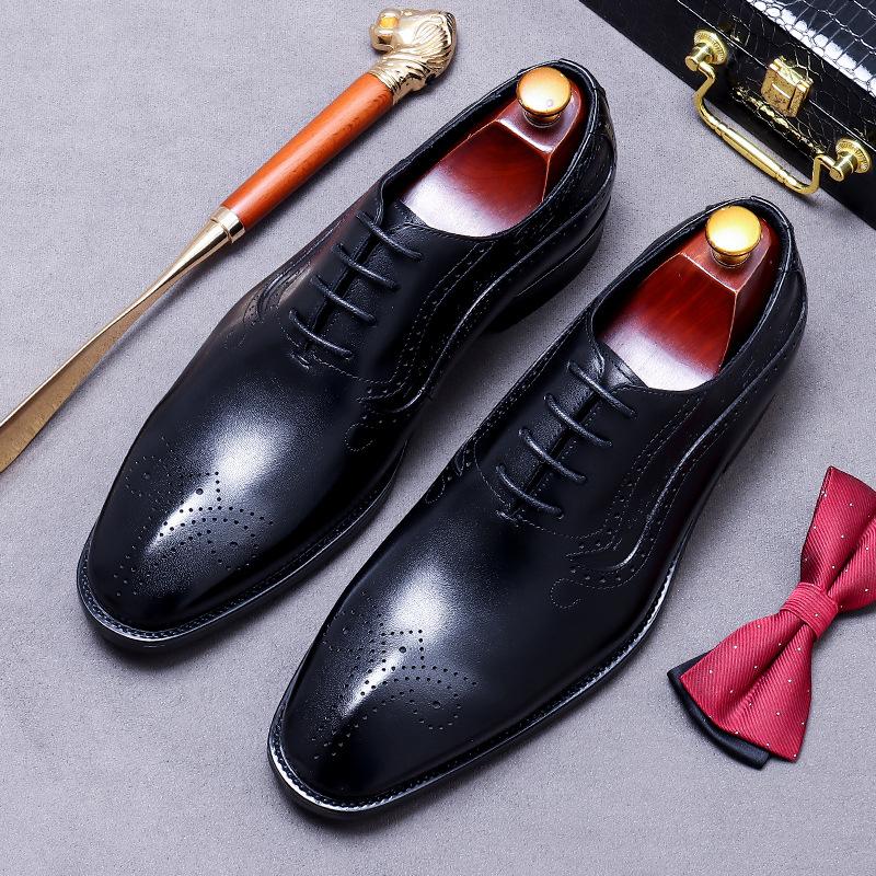 Luxury Men's Oxfords Genuine Leather Brogue Brown Lace Up Wingtip Dress Shoes for Men Office Wedding Party Formal Footwear