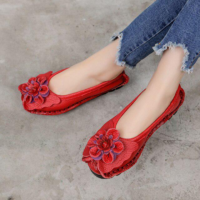 Women Loafers Genuine Split Leather Flat Heels Flower Round Toe Soft Solid Sandals Platform Ladies Shoes