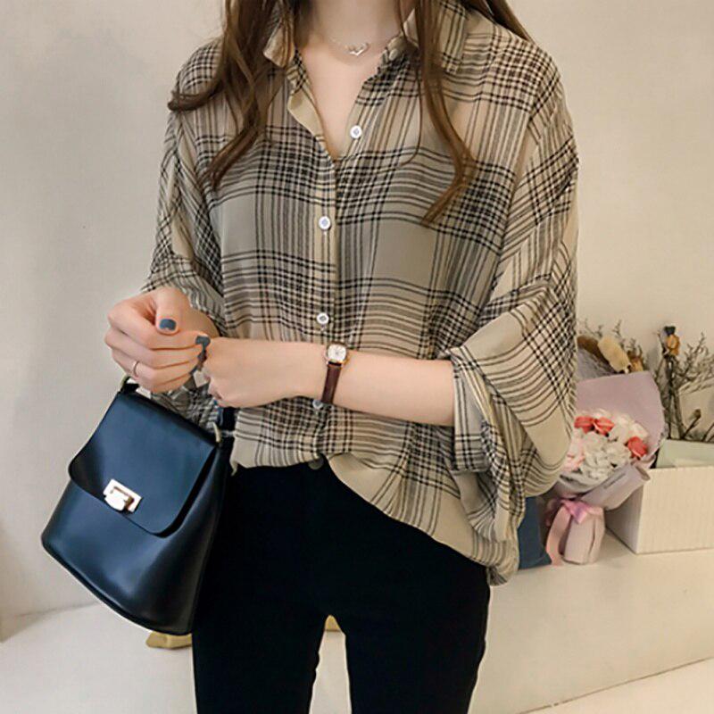 Осенние шикарные клетчатые рубашки, женские шифоновые блузки с рукавами «летучая мышь», повседневные сорочки, женские топы, большие размеры, тартан Blusas Mujer M-4XL