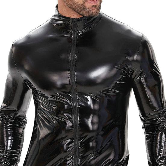 Мужская куртка из искусственной кожи, гладкая глянцевая однотонная куртка-стойка с воротником-стойкой на молнии, эластичная куртка с длинным рукавом средней длины для вечеринки, ночного клуба, производительность