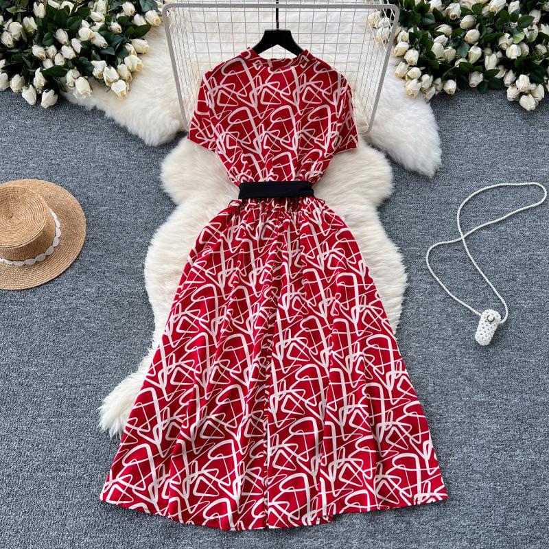 Summer new French retro wind collar single-breasted short-sleeved printing waist and thin temperament elegant dress long dress