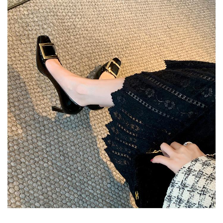 Sheepskin Version~ Genuine Leather Classic Square Buckle Patent Leather Thin Heel Ol Commuting High Heels Women's Wedding Single Shoes Gentle Wind
