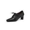 Krazing Pot Sheepskin Spring Summer Size 43 Size 42 Size 41 Chunky Heels Women Square Toe Office Lady Lace Up Pumps