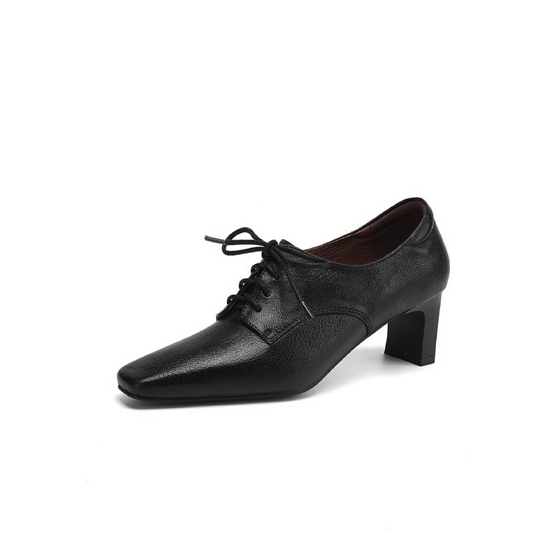 Krazing Pot Sheepskin Spring Summer Size 43 Size 42 Size 41 Chunky Heels Women Square Toe Office Lady Lace Up Pumps