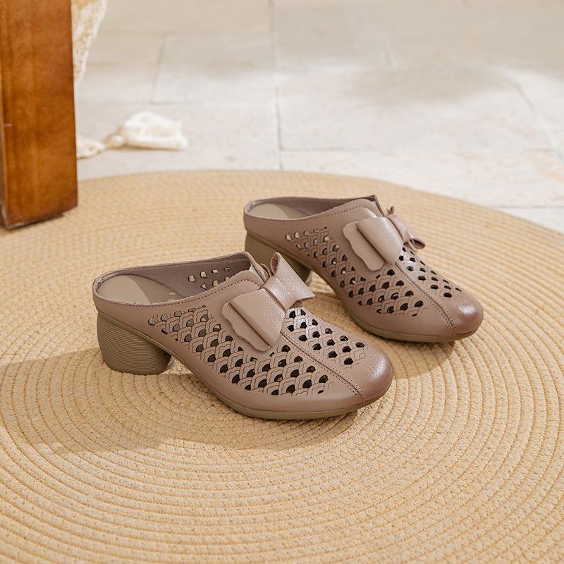 Johnature Женские тапочки из натуральной кожи с толстым каблуком и цветочным узором, с круглым носком, универсальная женская обувь