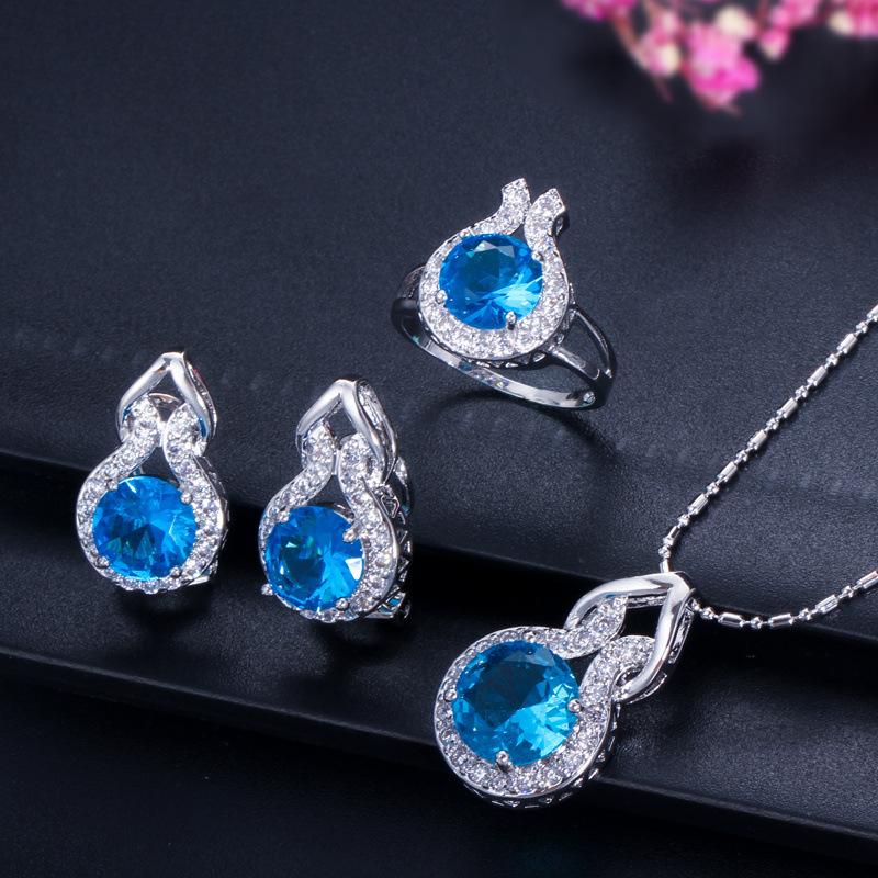 Jewelry Set, Bridal Jewelry Set, Simple Zircon Jewelry Necklace, Earrings, And Three Rings.