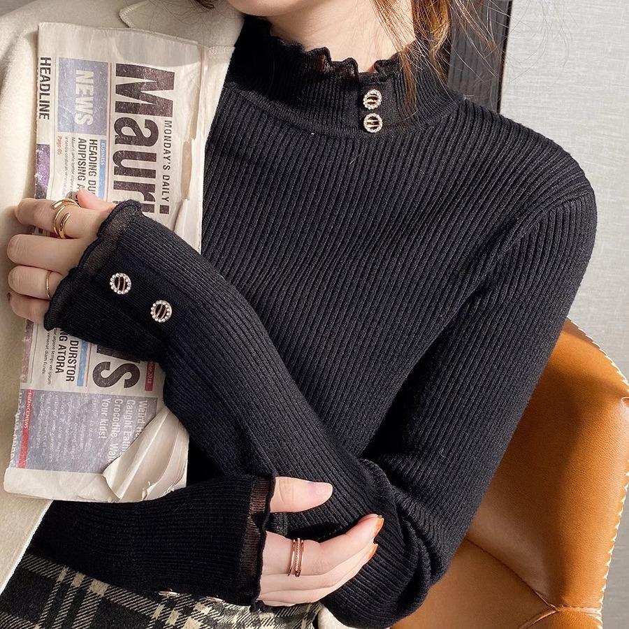 Кружевная рубашка для женской осенне-зимней домашней одежды, свитер с высоким воротом, белый трикотажный топ