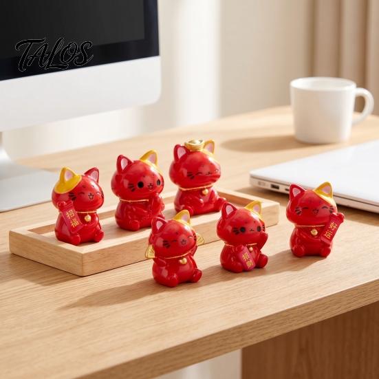 Декоративные Полимерные Фигурки для DIY Проектов 6 Штук Мини Красные Фигурки Кошки Удачи, Долговечные Животные Удачи и Процветания, Живые Поделки, Миниатюрные Сады