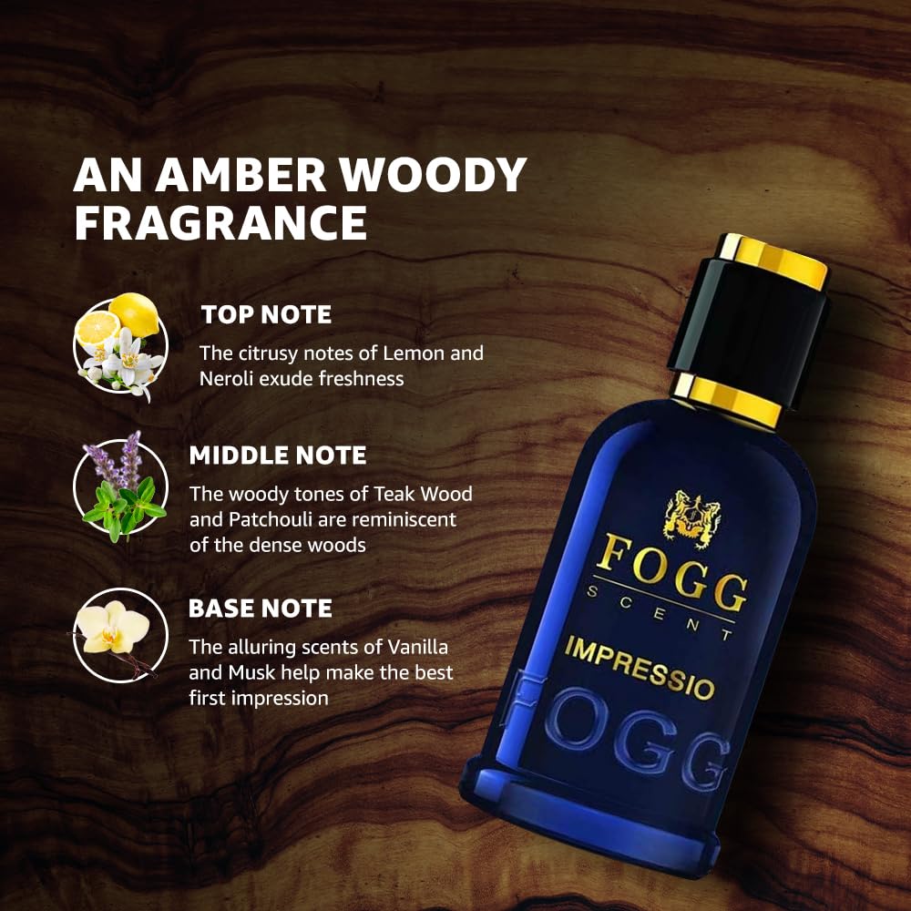 Fogg Impressio Perfume For Men 100ml | Long Lasting Amber Woody Fragrance With Citrus Vanilla Musk Notes | Everyday Wear Scent