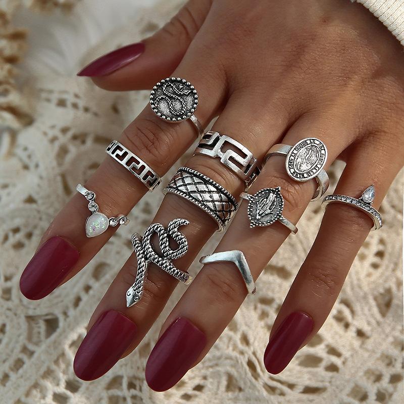 Retro Fashion Personality Exaggerated Engraving Buddha Statue Diamond Snake 10-Piece Ring
