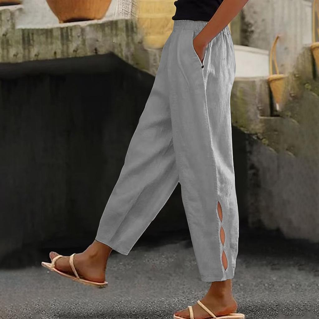 Женские модные хлопковые и льняные однотонные повседневные повседневные брюки с боковыми карманами и полыми пуговицами