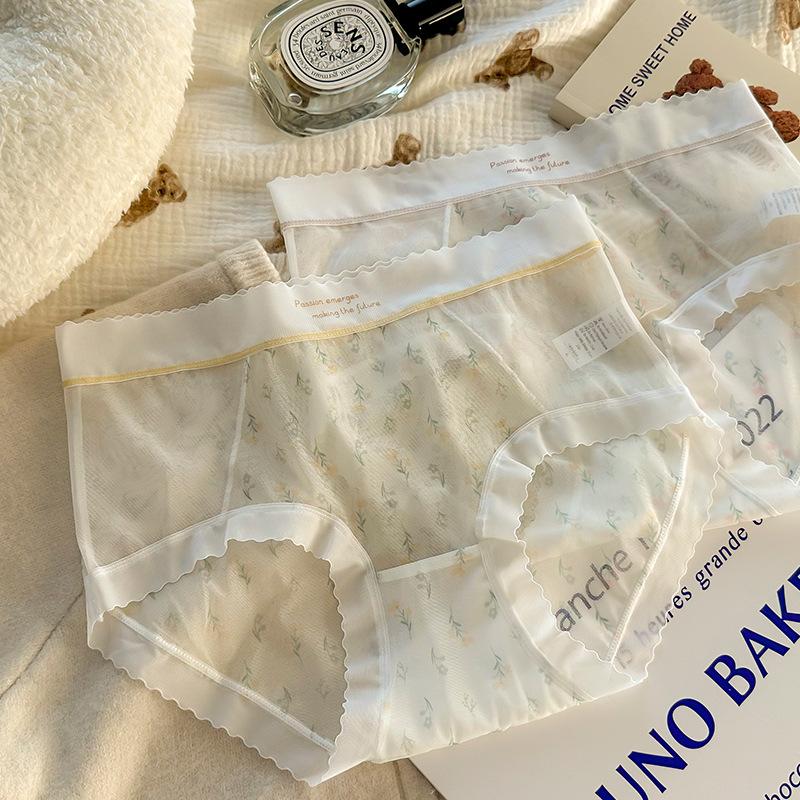 Women Fashion Sexy Lace Sheer Mesh Mid Waist Briefs Underwear
