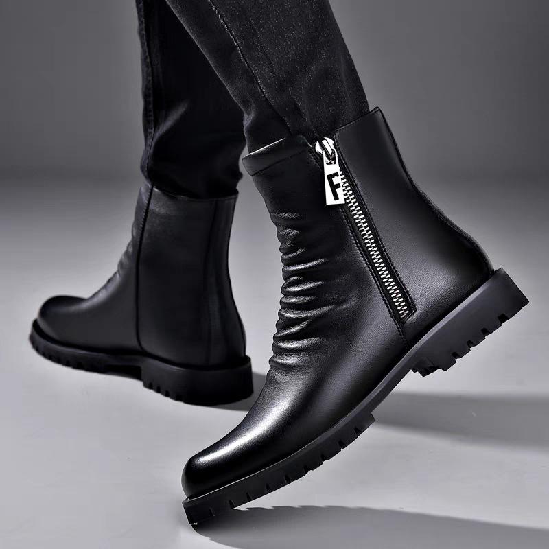 Мужские зимние высокие ботинки Martin - мягкая воловья кожа, удобные, модная молния, подкладка из шерстяного бархата