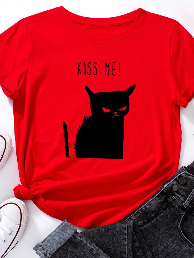Футболка с принтом «Черная кошка» Kiss Me, женская, с коротким рукавом и круглым вырезом, свободная, летняя, женская, повседневная, футболка, топы, Camisetas Mujer