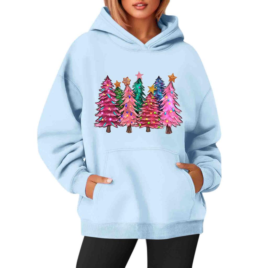 Women's Sweatshirts O-neck Long Sleeve Christmas Printed Top Solid Color Hoodie