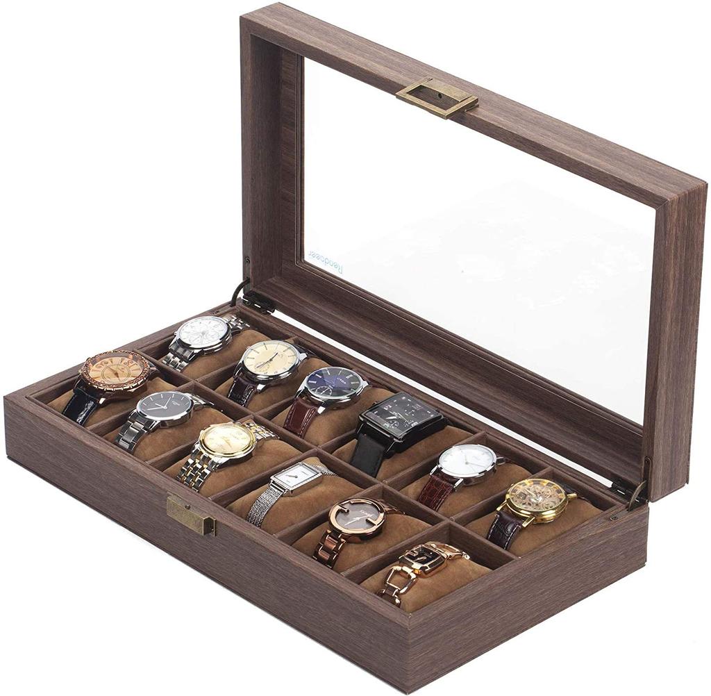 Reodoeer Wood Grain PU Watch Storage Case Box Watch Storage Box Collection Case for 12 Watches