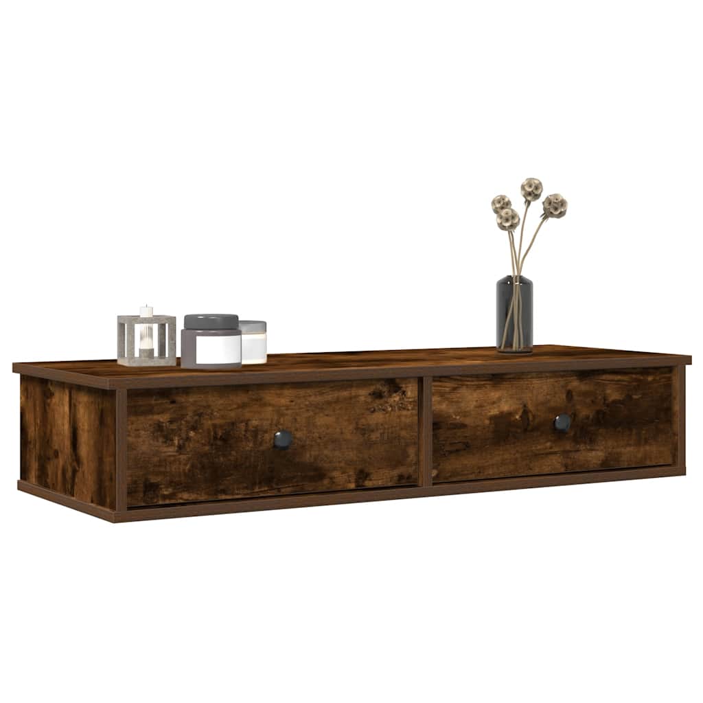 Wall Mounted Shelf with Drawers Smoked Oak Finish 100 x 37.5 x 19 cm
