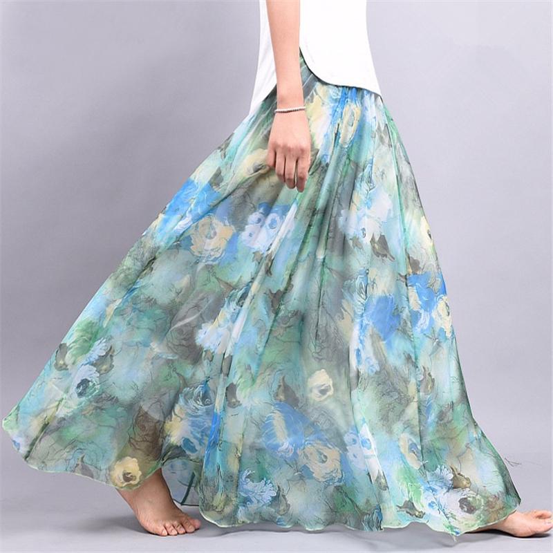 Женщины Boho длиной до пола, длинные пляжные вечеринки, свободные расклешенные винтажные богемные шифоновые юбки с цветочным принтом