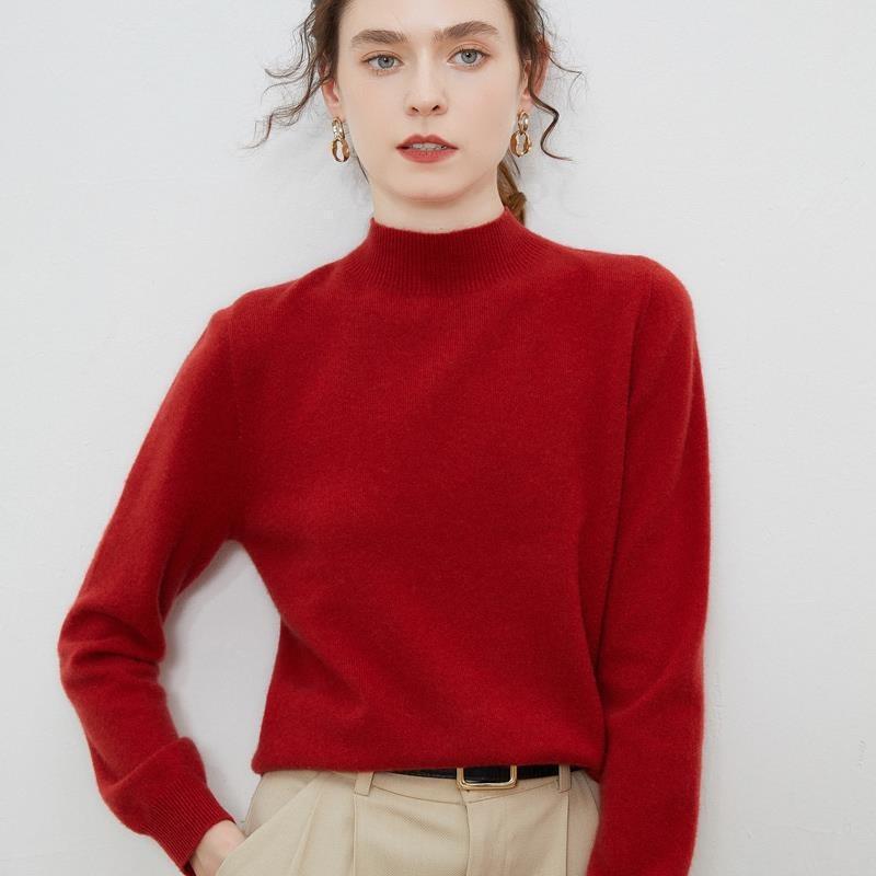 Осенне-зимний женский свитер с высоким воротником, свитер из 100% чистой шерсти, свободный тонкий свитер, однотонная нижняя рубашка с длинными рукавами
