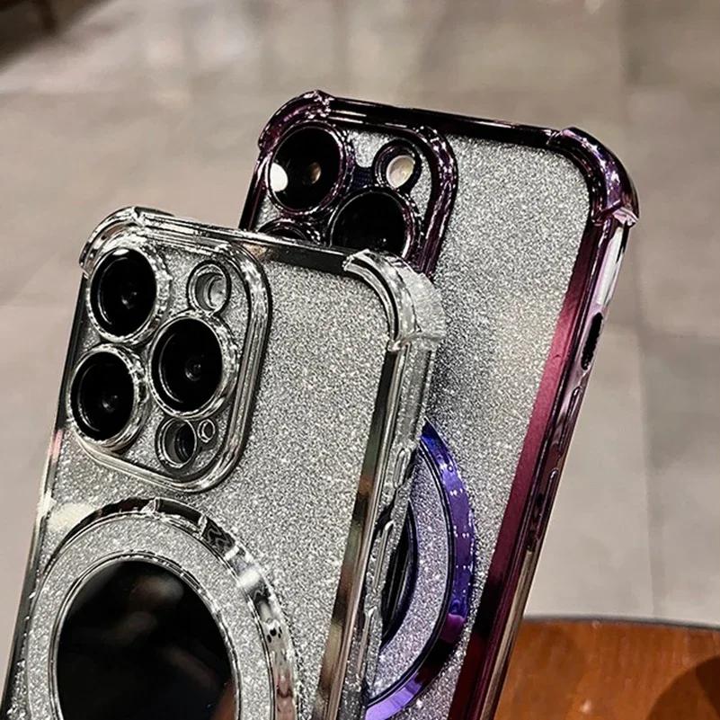 Роскошный Чехол для iPhone 17 16 11 12 13 14 15 Pro Max Plus с Блестками, Поддержкой-Кронштейном и Покрытием, Совместимый с MagSafe Беспроводной Зарядкой