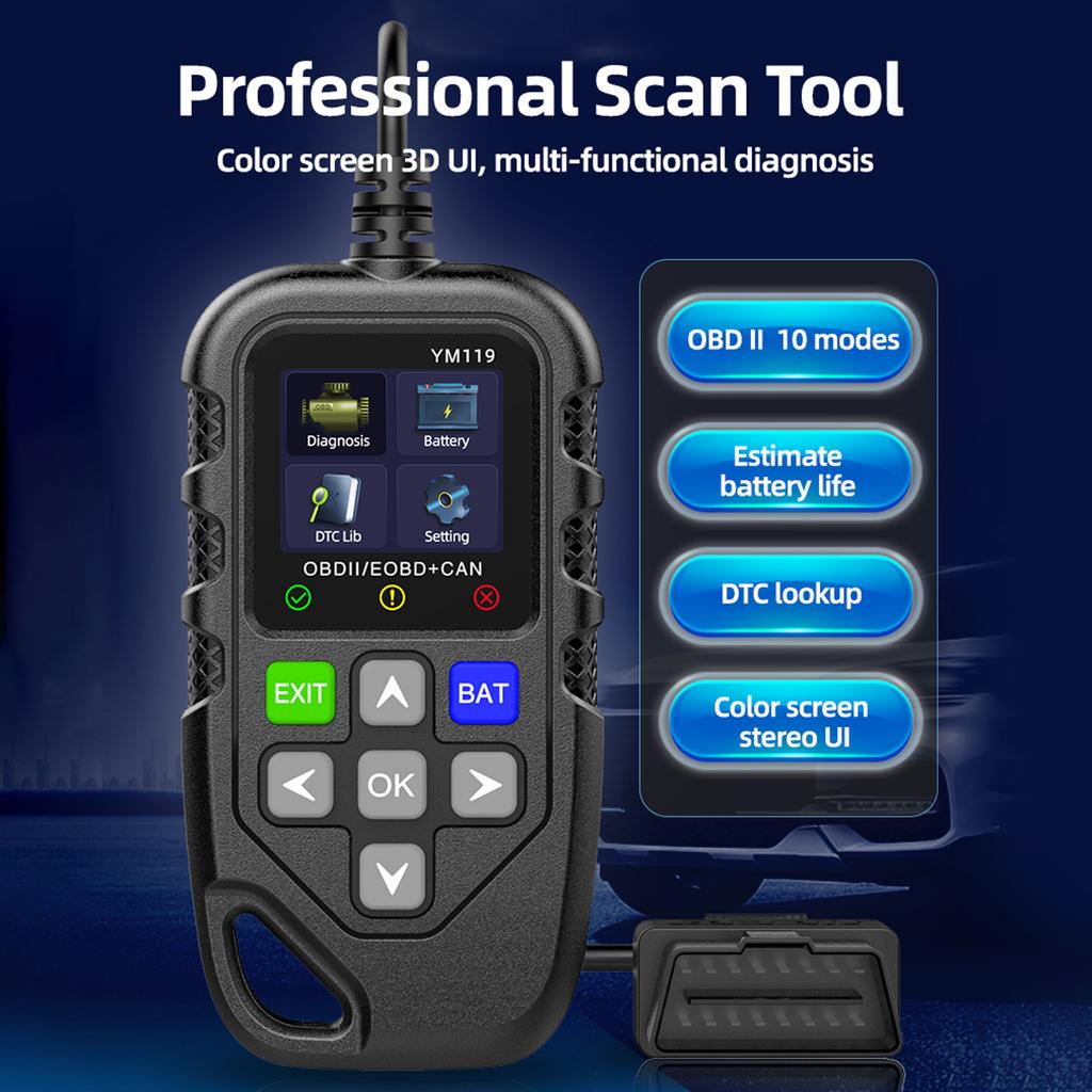 Сканер OBD II, Считыватель кодов неисправностей двигателя автомобиля, Тестер аккумулятора, Диагностический сканер CAN для бензиновых автомобилей 12 В, Черный