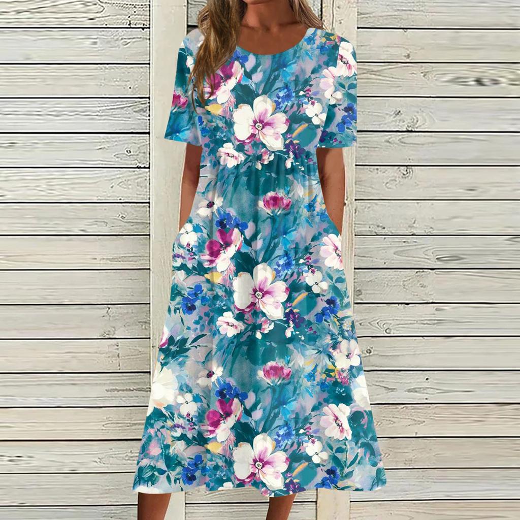 Women's Casual Dresses Printed Dresses Summer Dresses Printed Pleated Round Neck Midi Dresses Basic Classic Outdoor Daily Short Sleeve Loose Dresses