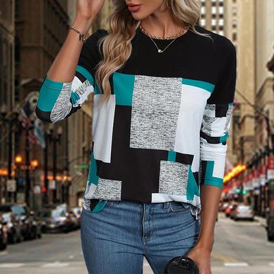 Женские осенние топы с зеленым мозаичным принтом в стиле кэжуал с длинным рукавом, топ, блузка