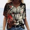 Summer V-neck 3D Animal Tigers Leopards Lions Printed Top Fashionable Casual Short Sleeved Women's T-shirts